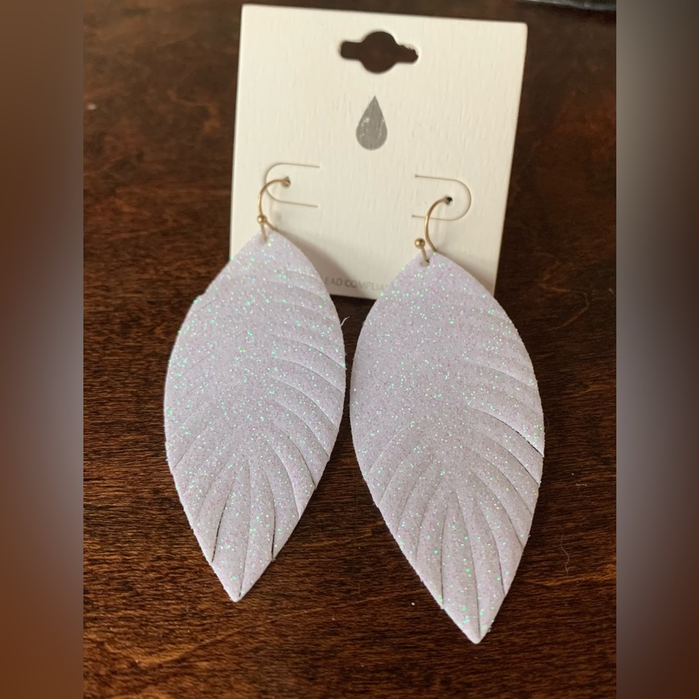 White glitter feather shaped earrings